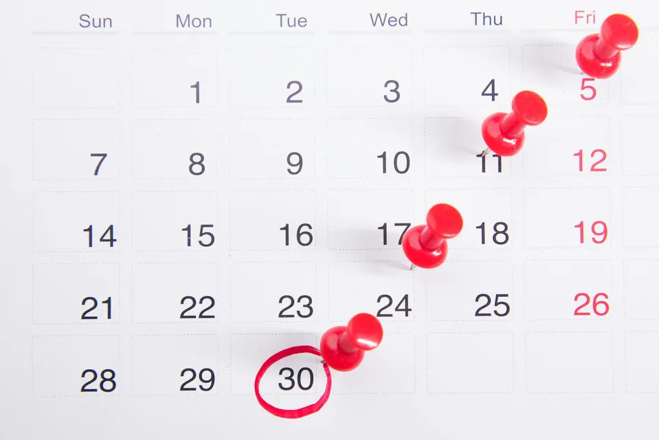 A wall calendar with dates marked by red push pins