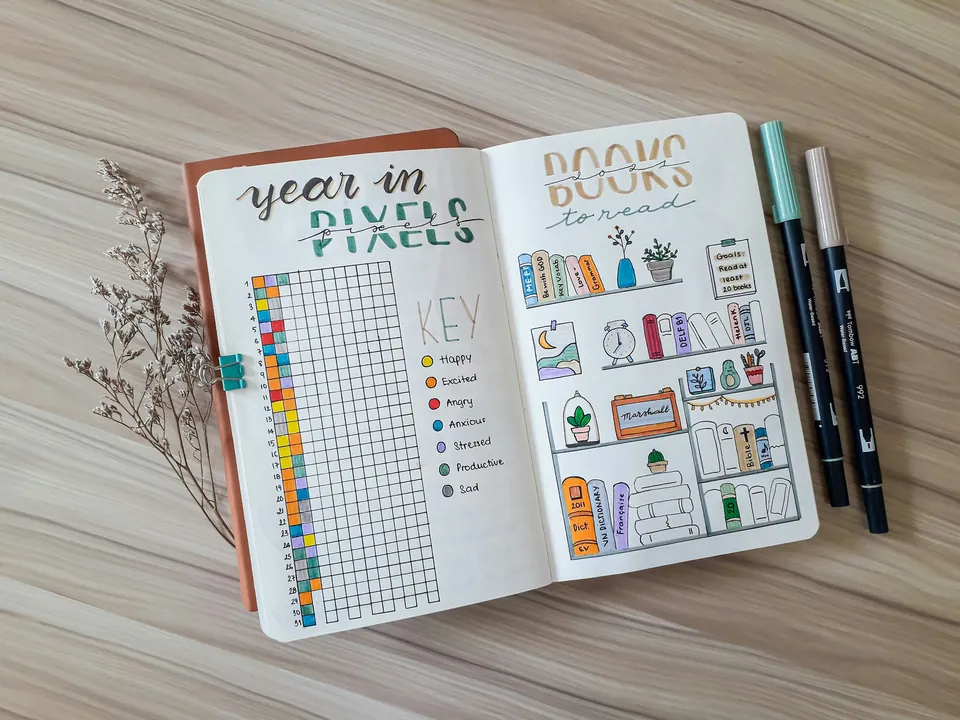 An open bullet journal with a year-in-pixels tracker and a books-to-read page
