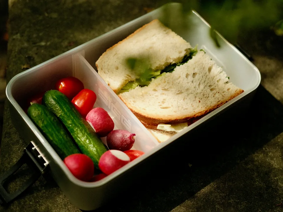 A packed lunch box with a sandwich and fresh vegetables