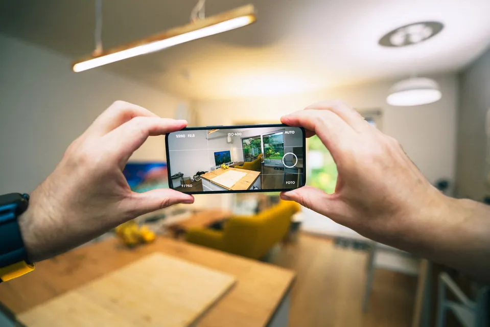 Hands holding a phone up to photograph a living room