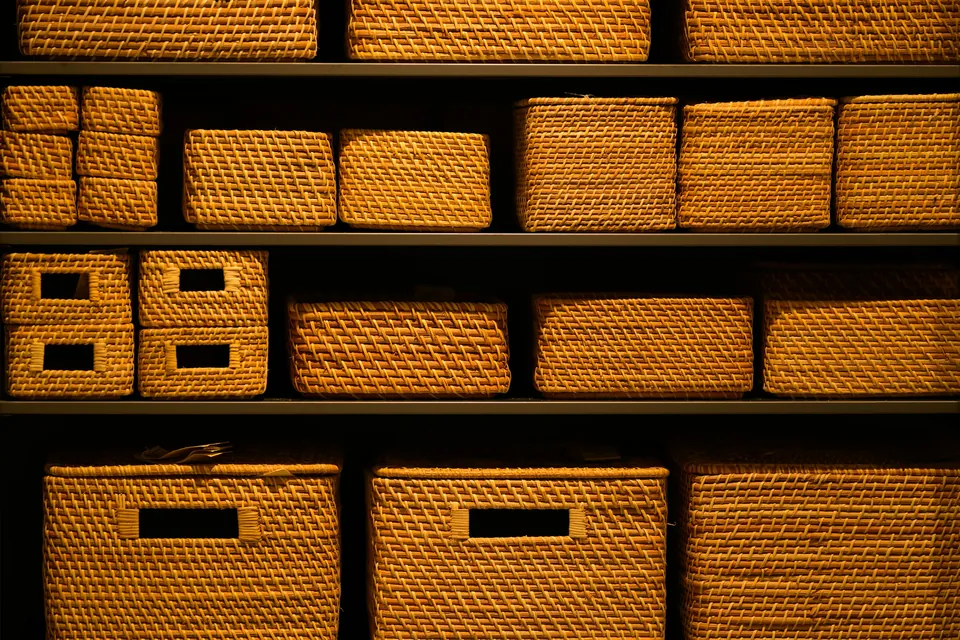 Shelves lined with matching woven storage baskets